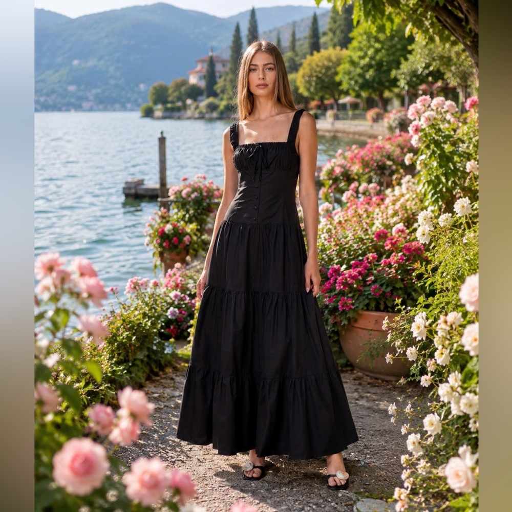 Moon River Corset Top Button Down Tiered Maxi Dress